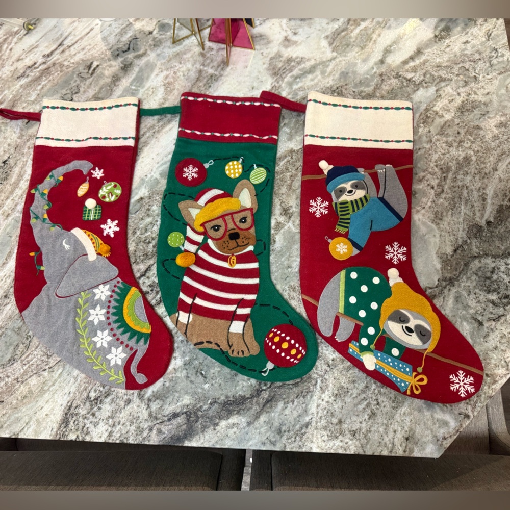 The Company Store Festive Animal Stockings - Red, Green, Cream